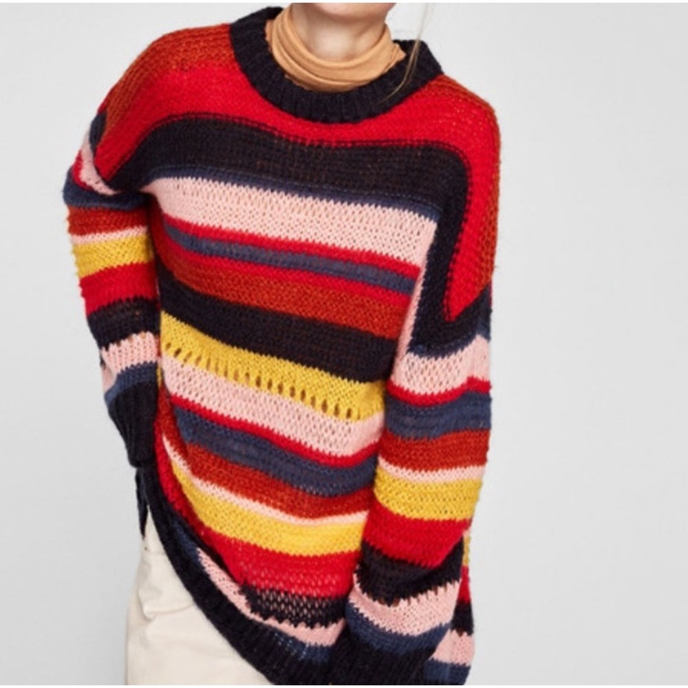 Zara Knit Italian Yarn Striped Wool Blend Sweater Multicolor Retro Oversized S